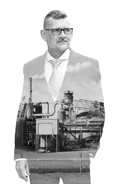 Double exposure of man and factory — Stock Photo, Image