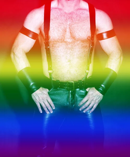 Svalnatý mužské torzo v kůži s barvami duhy pro gay hrdosti — Stock fotografie