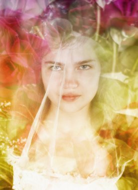 Genç gelin ve çiçek çift pozlama