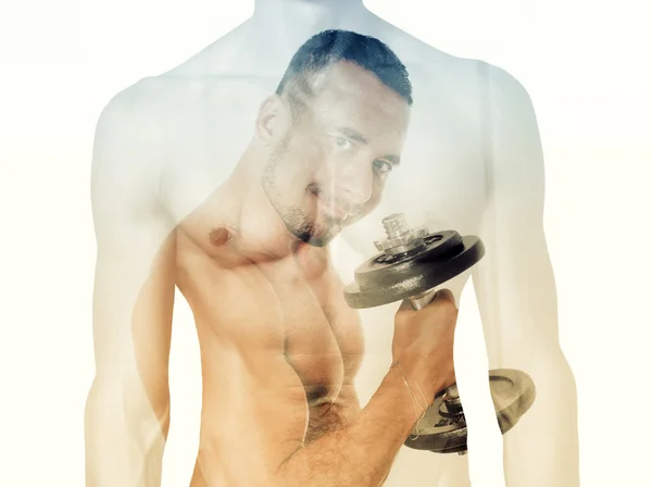 Dubbele blootstelling van de mens met halter en mannelijke torso — Stockfoto
