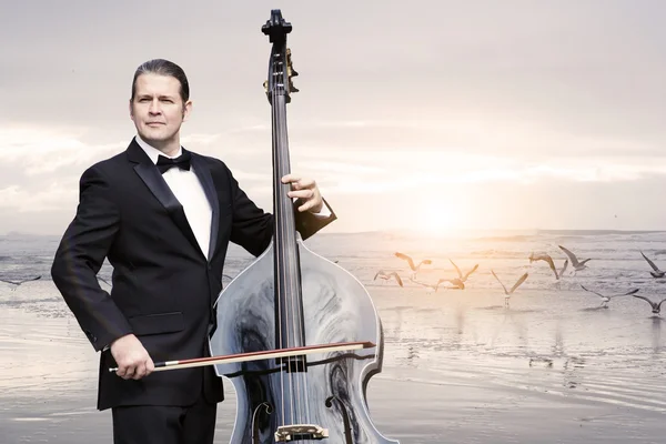 Man with doublebass standing by the ocean — Stock Photo, Image