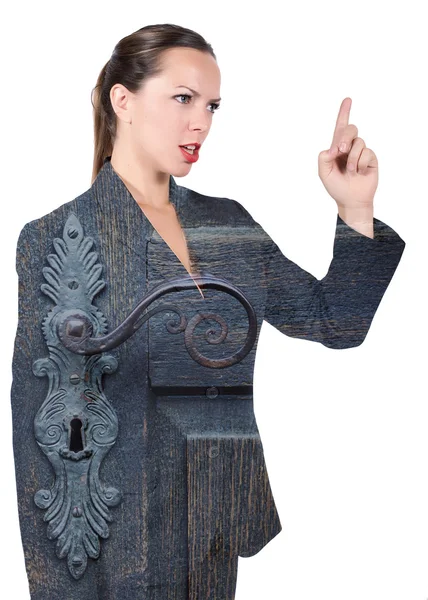 Double exposure of upset woman and door handle — Stock Photo, Image