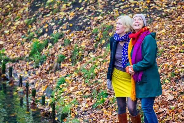 50代の2人の女性が抱き合って秋に公園に立ち — ストック写真