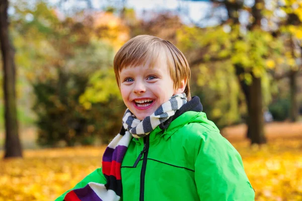 Portrait Smiling Young Boy Standing Park Autumn — Stock Photo, Image
