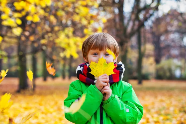 Portrait Jeune Garçon Dans Parc Automne Jouant Avec Les Feuilles — Photo