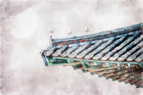 korean roof with birds and big moon in watercolors