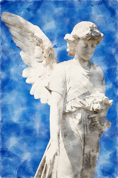 Rzeźba Anioła Niebieskim Tle Akwarelach — Zdjęcie stockowe