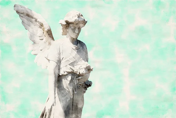 Escultura Anjo Com Fundo Verde Aquarelas — Fotografia de Stock