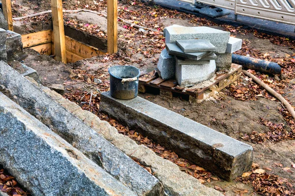 Close Construction Road Site Big Stone Blocks — Stock Photo, Image