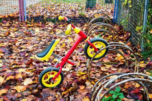 Zbliżenie Roweru Trzykołowego Dla Dzieci Zewnątrz Stoisku Rowerowym Jesienią — Zdjęcie stockowe