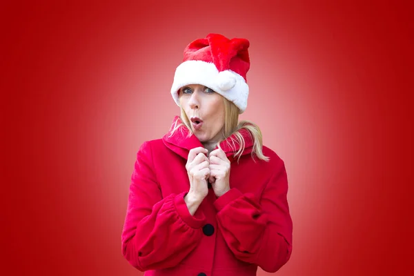 Blond Woman Dressed Santa Claus Red Background — Stock Photo, Image