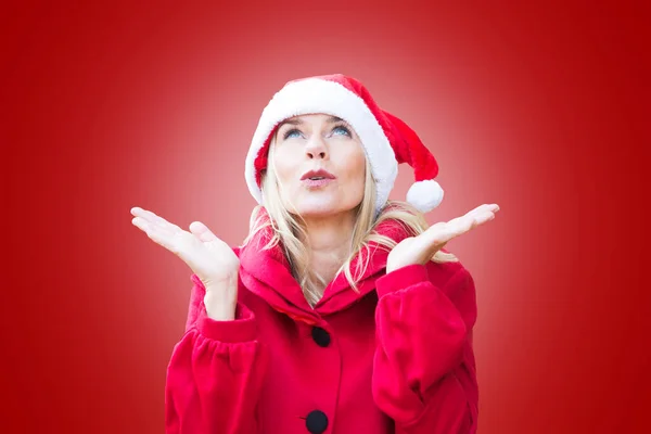 Blond Woman Dressed Santa Claus Red Background Looking — Stock Photo, Image