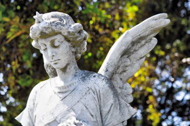 Arka planda ağaç olan melek heykeli