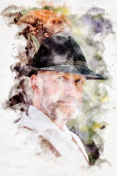 Portrait Bavarian Man Hat Watercolors — Stock Photo, Image