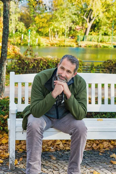 Handsome Man His 50S Sitting Bench Park Autumn — Stock Photo, Image