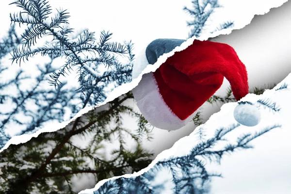 Red Santa Hat Tree Branch Torn Paper — Stock Photo, Image