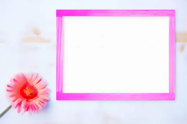 Roze Gerbera Een Witte Houten Achtergrond Roze Frame Illustratie Schilderen — Stockfoto