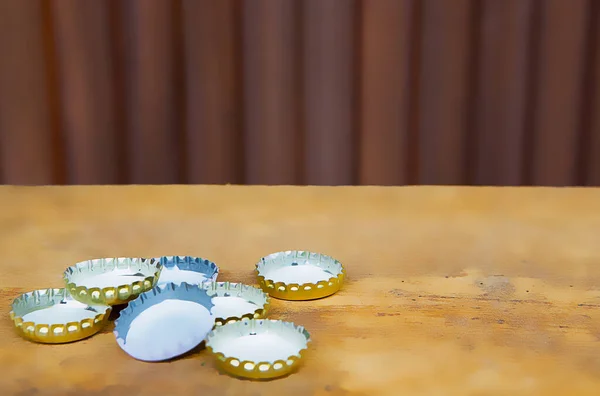 Bottle Caps Rustic Wooden Board Illustration Painting Background — Stock Photo, Image