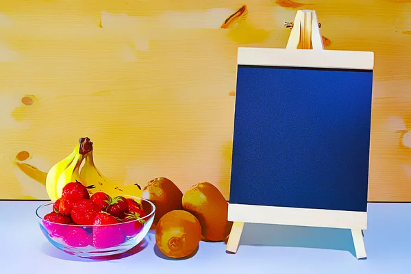 Schoolbord Met Een Kom Fruit Illustratie Schilderen Achtergrond — Stockfoto