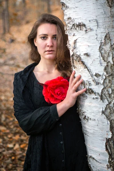 Brunett Kvinna Svart Klänning Med Röd Blomma Står Skogen Ser — Stockfoto
