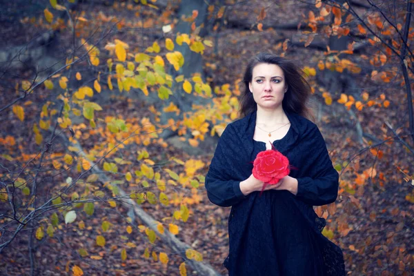 Retrato Mujer Morena Triste Vestido Negro Sosteniendo Flor Roja Bosque — Foto de Stock