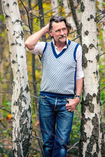 Portrait Handsome Man His 50S Standing Forest — Stock Photo, Image