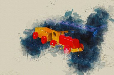 tahta oyuncak tren basamaklarda suluboya