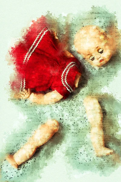 Close Broken Doll Floor Watercolors — Stock Photo, Image