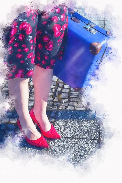 水彩の中でスーツケースを持ったスカート姿の女性のクローズアップ — ストック写真