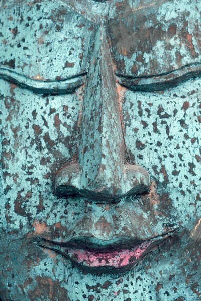 Close Old Blue Wooden Buddha Head — Stock Photo, Image