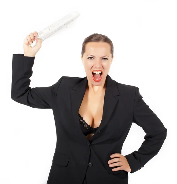 Businesswoman threatens with a newspaper — Stock Photo, Image