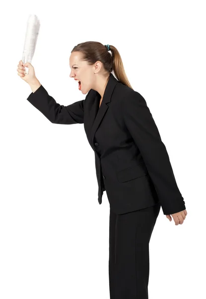Businesswoman threatens with a newspaper — Stock Photo, Image