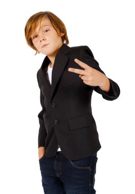 boy in a jacket is making the peace sign clipart