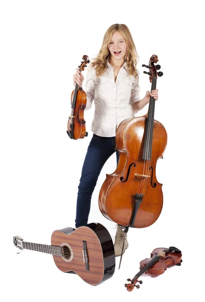 Dívka s hudebními nástroji — Stock fotografie