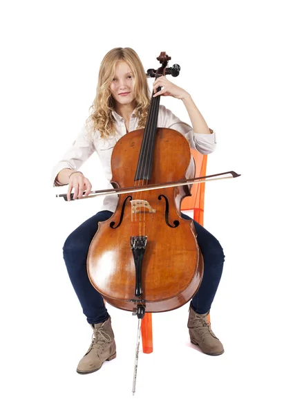 Blonde girl playing double bass — Stock Photo, Image