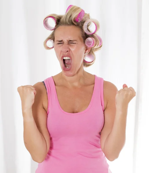 Nő, rózsaszín hajcsavarók — Stock Fotó