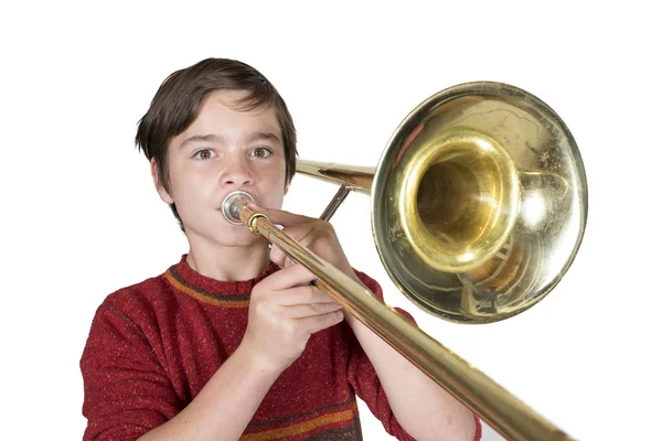 Menino com um trombone — Fotografia de Stock