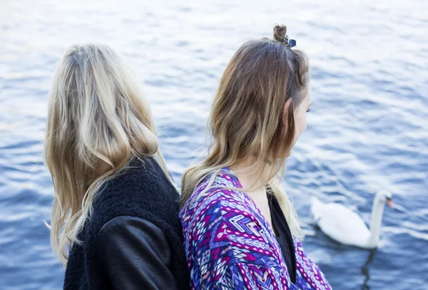 Deux femmes au bord de l'eau et un cygne — Photo