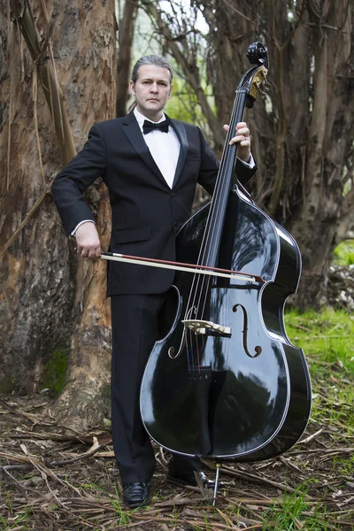Man playing the double bass in park — Stock Photo, Image