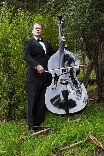 Man playing the double bass in park — Stock Photo, Image