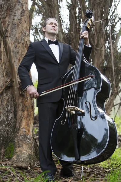 Man playing the double bass in park — Stock Photo, Image