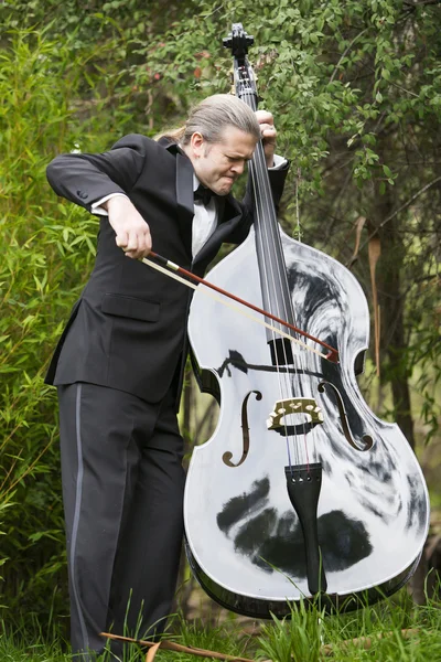 Homme jouant la contrebasse dans le parc — Photo