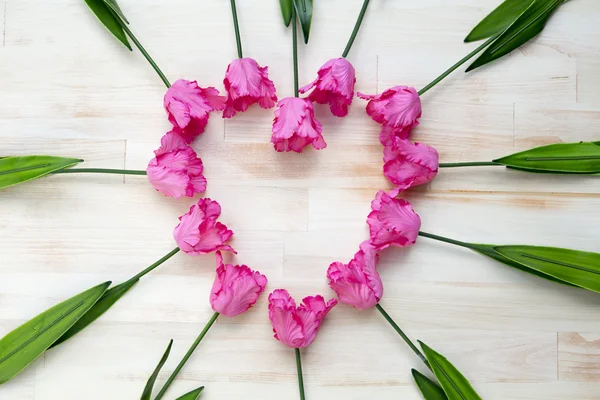 Forma de corazón de tulipanes rosados sobre fondo de madera — Foto de Stock