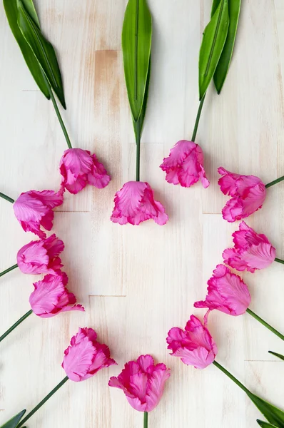 Форма серця рожевих тюльпанів на дерев'яному фоні — стокове фото