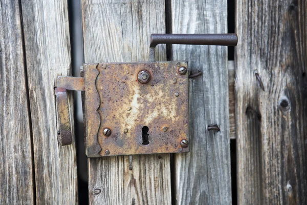 Alte hölzerne Eingangstür mit antiken Türgriffen — Stockfoto