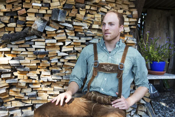 Bavyera şortlarla yakacak odun önünde genç adam