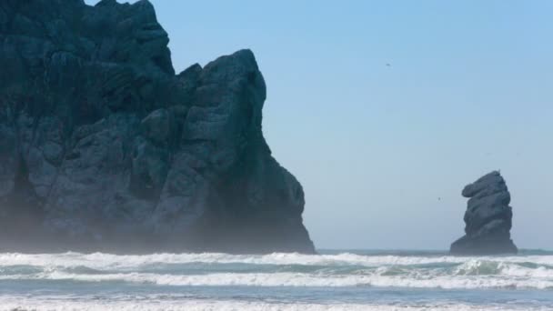 Gran roca en Morro Bay en California en la playa de arena — Vídeo de stock