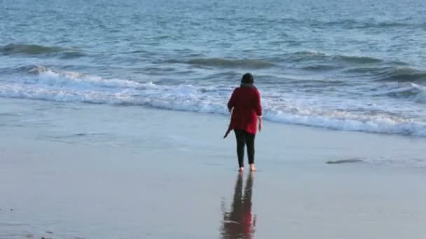 Mulher andando ao longo da praia ao pôr do sol — Vídeo de Stock