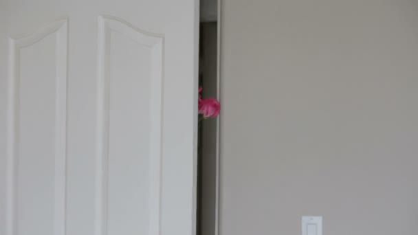 Man in suit is coming through door holding a bouquet of roses — Stock Video