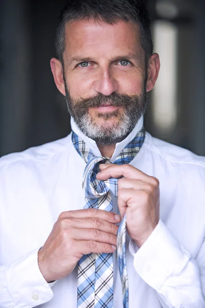 Handsome man tying his tie — Stock Photo, Image